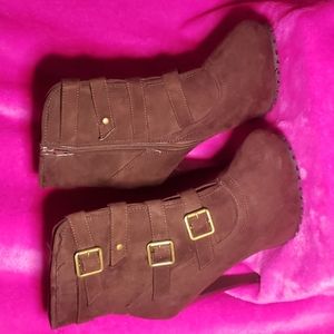 Brown, suede, high heeled booties, size 7.5